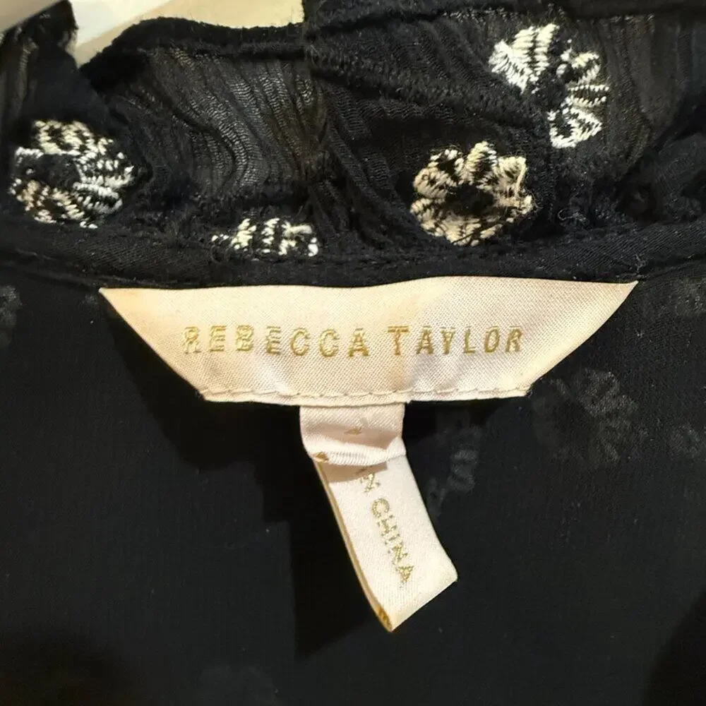 Rebecca Taylor Black Daisy Floral Ruffle Blouse Size 2 — Romantic Silk Top - Picture 7 of 8